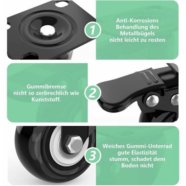4 Swivel Casters för Möbler inklusive 2 med Broms + Skruvar -