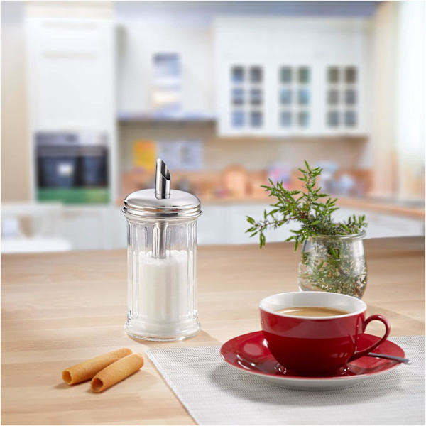 Sukkerdispenser i glas, rustfrit stål, sølv