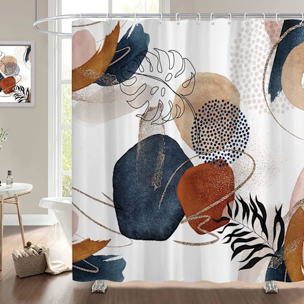 Abstrakt Duschdraperi Boho Mid Century Marinblå Guld Färgglad