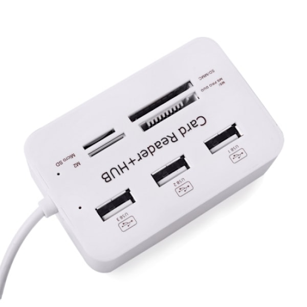 USB 2.0 Minneskortläsare + USB Hub (Hög hastighet) Vit