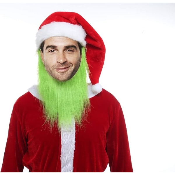 Grön tomteluva med skägg för män, vuxen jul cosplay