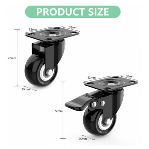 4 Swivel Casters för Möbler inklusive 2 med Broms + Skruvar -