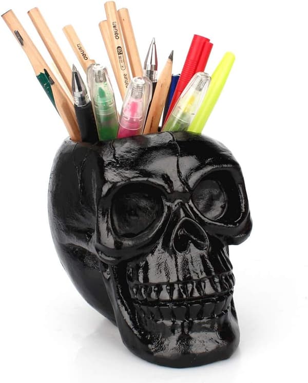 Sort kraniepenne- og blyantholder, skeletnøgleholder, makeupbørste
