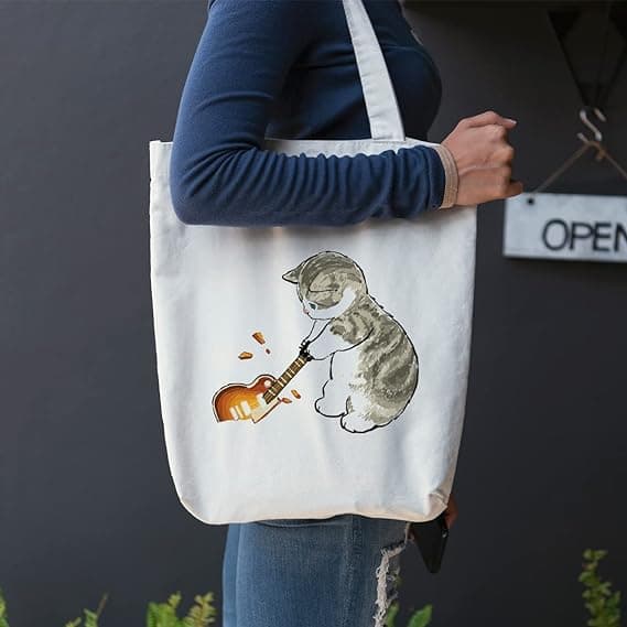 1 st tryckt gitarr Breaking Cat Eco Tote Bag, canvas tote bag för