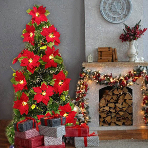 Poinsettia Blommor String Ljus Batteridriven Vattentät Koppartrådsljus för Sovrum Jul Födelsedag Nyår Bröllopsfest (Varm Ljus)