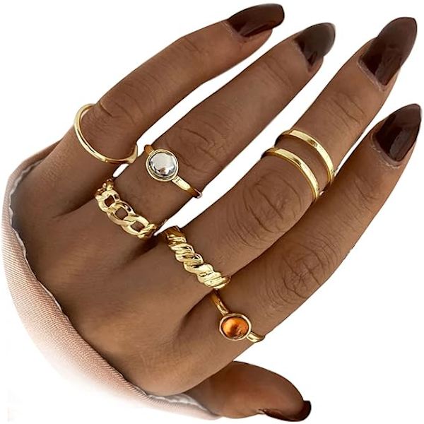 Gull knuke ringer sett for kvinner tenåringsjenter slangekjede stablet ring vintage BOHO midi ringer blandet størrelse (6 stykker)