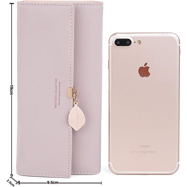 Damplånbok, lång plånbok, multifunktionell plånbok, läderplånbok med tryckknapp, rosa