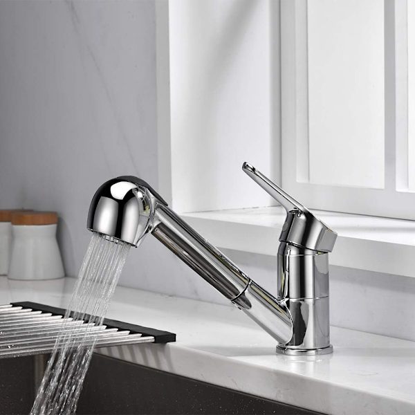 Diskho-blandare med låg pip, köksblandare med utdragbar spray, krom silver
