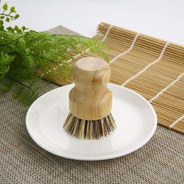 Palmpottborste, rund diskborste i mini bambu, rengöringsborste för gjutjärnspanna, grönsaksgrytor, köksstädning, hushåll, paket om 3