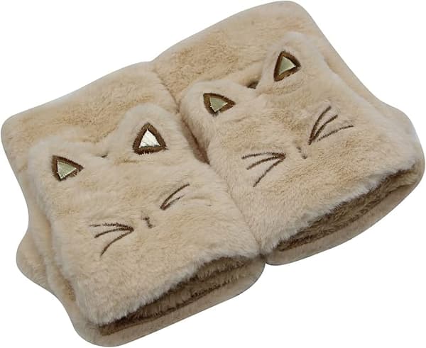 Varme og bløde beige handsker til kvinder, plys, sød kat,
