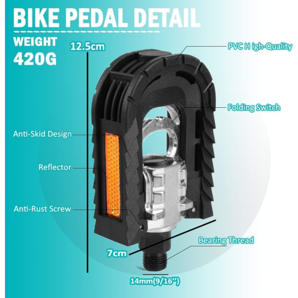 Hopfällbara cykelpedaler i aluminiumlegering med reflektorer