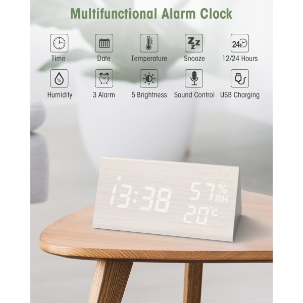 Træ Digitalt Vækkeur, Digitalt Ur Med Snooze/Dato/Temperatur