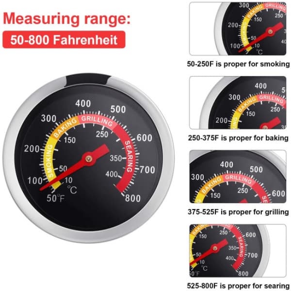 Analog grilltermometer for grill og ovn i rustfritt stål