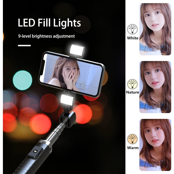 Selfie Stick-stativ med fyllningsljus, 40" utdragbar mobiltelefon Tri