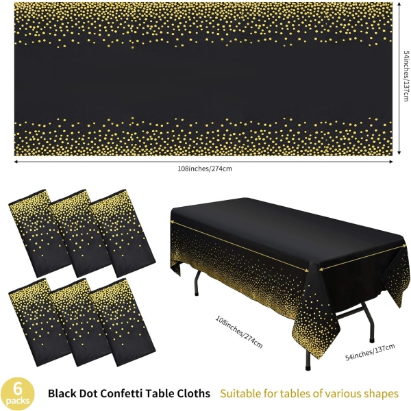 6 Packs Polka Dot Table Cloths 54" x 108" Black Gold Polka Dot Ta