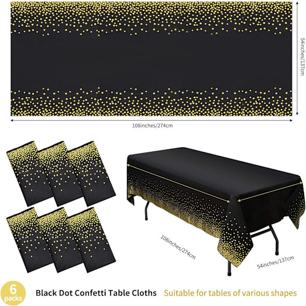 6 pakker Polka Dot duge 54\" x 108\" Sort Guld Polka Dot Ta