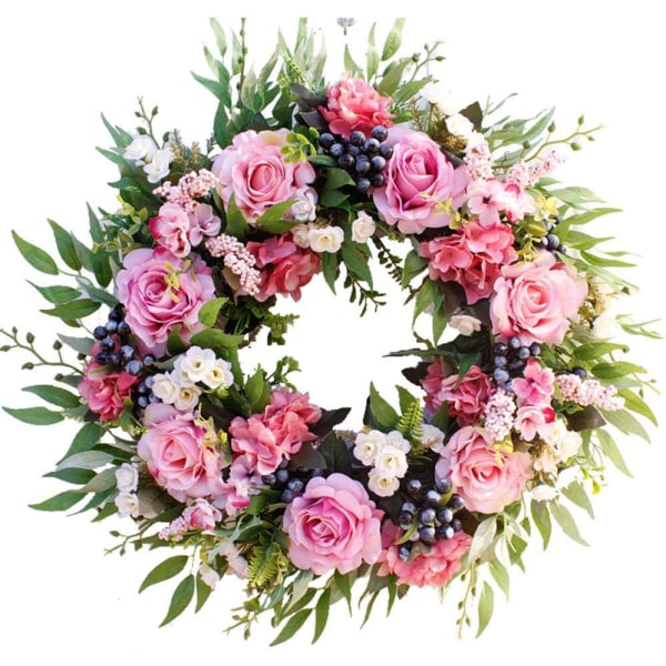 Kunstig rose blomsterkrans dørkrans med grønne blader Julefestivalkrans for inngangsdør, bryllup, vegg, hjemmeinnredning