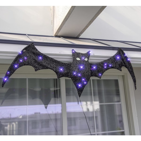 Halloween-dekorasjon, hengende flaggermus med glitter og 30 lilla LED-lys