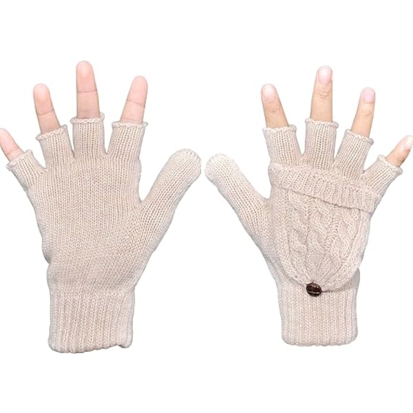 Dame Vinterhandsker Varme Uldstrikkede Konvertible Fingerløse Luffer（Beige）