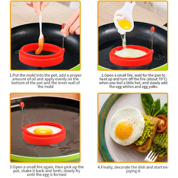 6 stk. Non-Stick Silikone Runde Æg Ringe 4\" Rød