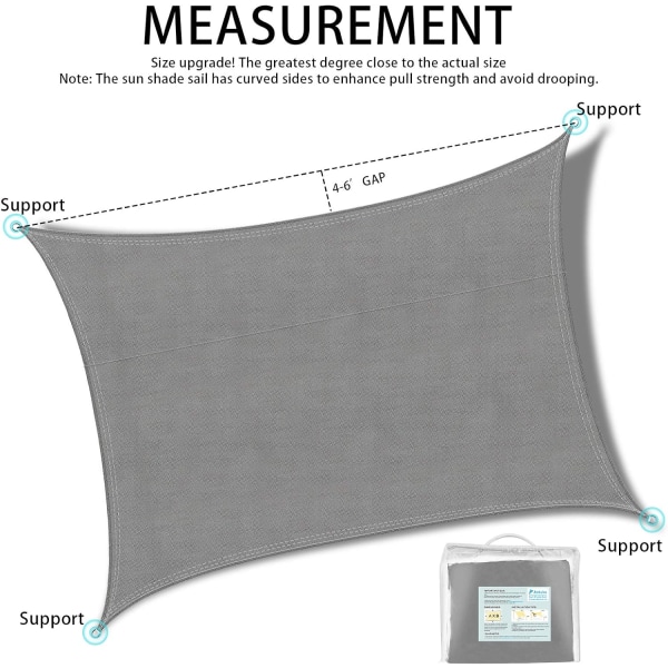 2x3m grå rektangulär skärmsegel, vattentät UV-skyddstak