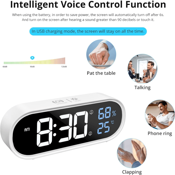 Digitalt spejlur med alarm, digitalt LED-ur, stort tid/tempe
