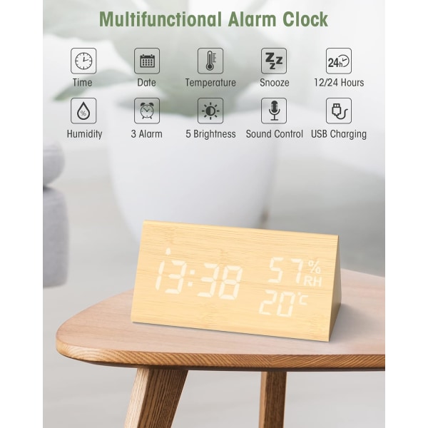 Trädigital väckarklocka, digital klocka med snooze/datum/temper