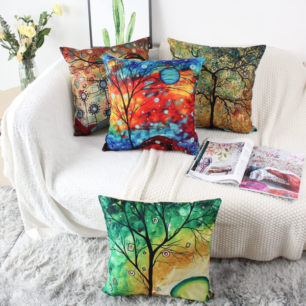 Set med 4 putetrekk 45x45 cm firkantede fargerike trær linensofa