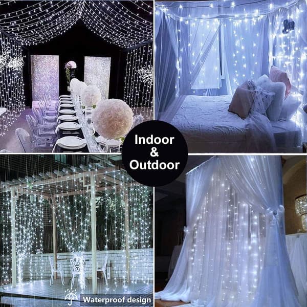 Gardinstångsbelysning USB-driven 3m x 3m 300 LED julgransbelysning vit