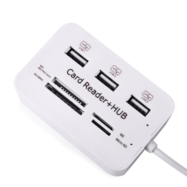 USB 2.0 Minneskortläsare + USB Hub (Hög hastighet) Vit