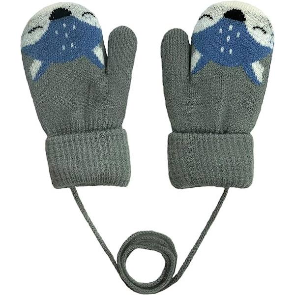 Varma tjocka stickade fingerlösa vantar för småbarn med snöre för barn 1-3 år (grå)
