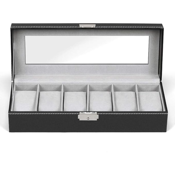 6 Slots Læder Urboks Display Box Organizer Glas Smykkeopbevaring Sort