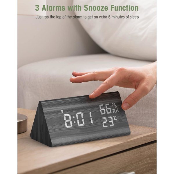 Trädigital väckarklocka, digital klocka med snooze/datum/temper