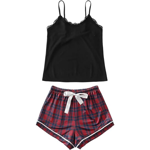 Kvinnors Pyjamas Set Rutig Tryckt Slip Top och Elastisk Midja Klippt