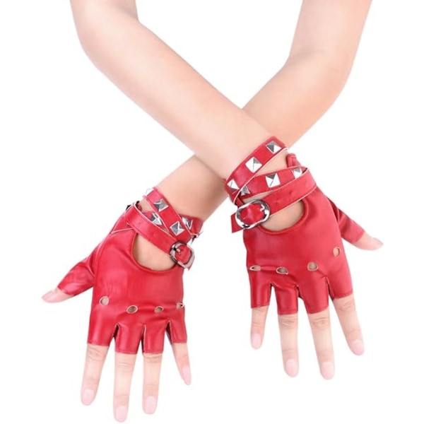 Naisten PU-nahkainen punk-hansikkaat niitit, vyö ylös tai napsautettavat, puolisormella toimivat lapaset (punainen)