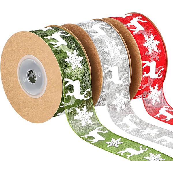 3 rullaa joulunauhaa 30m x 25mm leveä, lahjapaperinauhat,