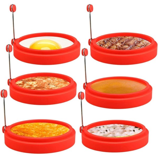 6 stk. Non-Stick Silikone Runde Æg Ringe 4\" Rød
