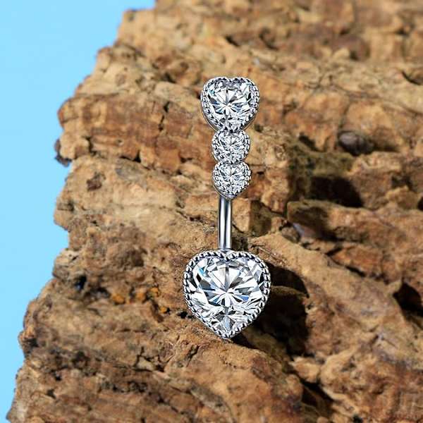 14G Navlepiercing, Hjerte Navlepiercing, Klar Skinnende CZ 316L St