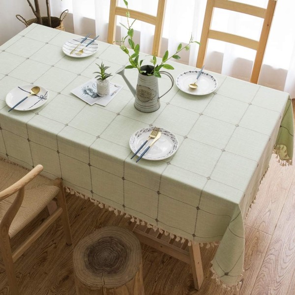 Rektangulär duk, bomulls- och linneduk med pompom, modern köksbordsdekoration (grönt rutnät, 140*260cm)