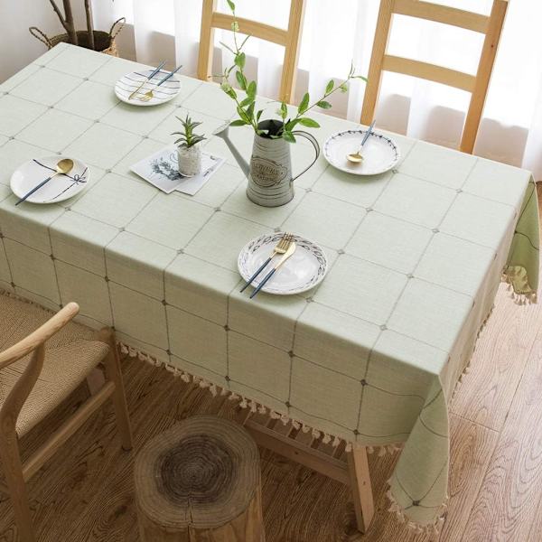Rektangulær duk, bomulls- og linduk med pomponer, moderne kjøkkenborddekorasjon (grønt rutenett, 140*220cm)