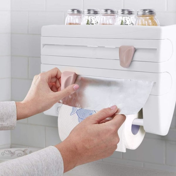 Väggmonterad såsflaskhållare Multifunktionell köksfolie Dispenser och skärare Vit