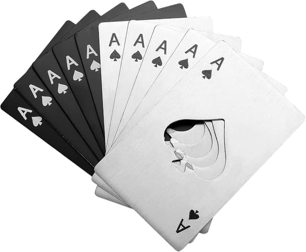 10-pack flasköppnare, ölkapsylöppnare, spader ess i poker