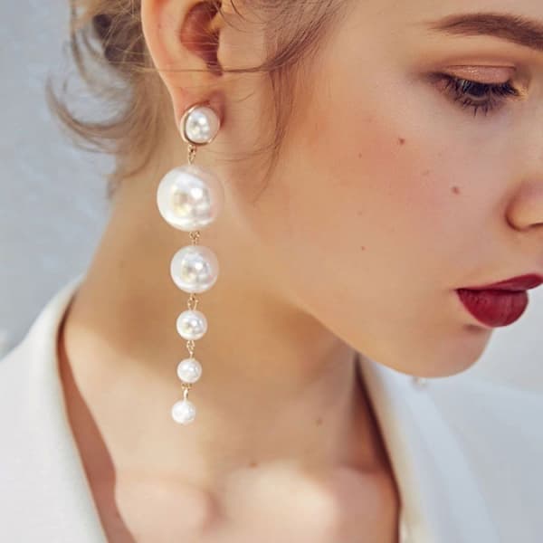 Kvinde Perle Øreringe Lange Dangle Øre Manchet Stud Øreringe Eardrop J