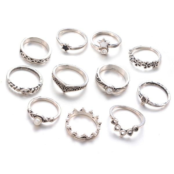 Bohemian Retro Vintage Krystal Led Knuckle Ring Sæt Finger Ringe Vintage Indlagt Perle Knuckle Ring Hvid Kant Ring (Style C 11Pcs)