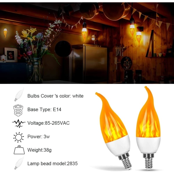 4 Pack 3W E14 LED pære Flammeeffekt pære med 3 lys