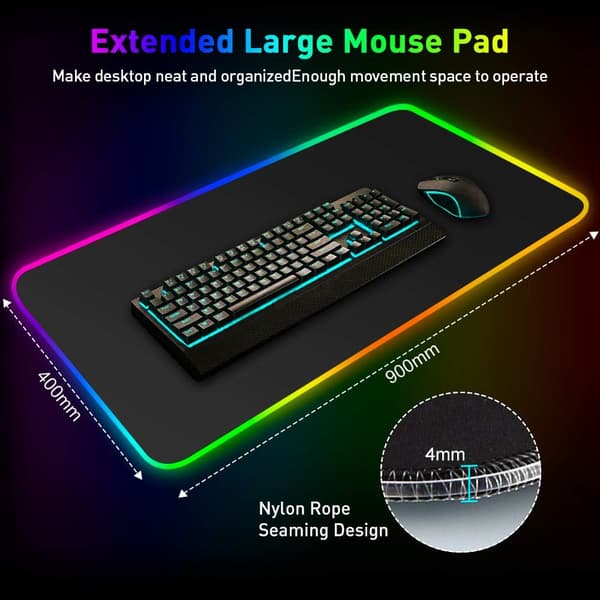 XXL Musematte, 900x400 Stor Gaming Musematte, 12 LED-belysning Pa