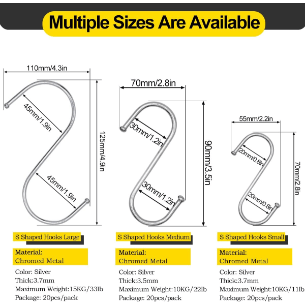20 S-kroker, multifunksjonelle metallkroker for kjøkken, bad og soverom