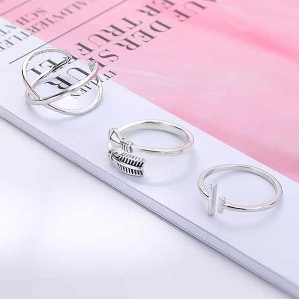 Åbne justerbare 925 Sterling sølvringe til kvinder mænd minimalistiske kors pil stablebare ringe sæt størrelse 6-9 (sølv 3PCS)