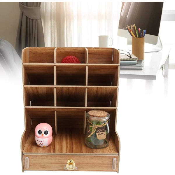 Wooden Desk Storage Rack Multifunction Pen Holder Stationery Box Multiple Slot Desk Organizer for School Home Office Art Supplies