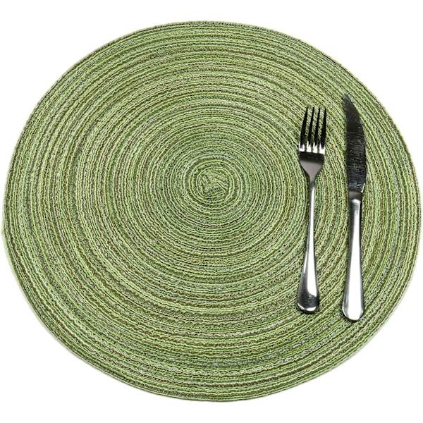 Set med 6 gröna runda placemats, tvättbara flätade bomullsch